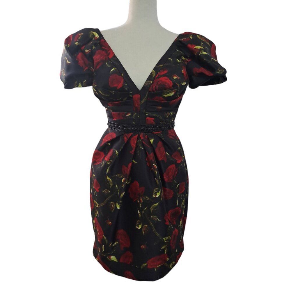 Mac Duggal Black and Red Rose Mini Dress - Picture 5 of 8